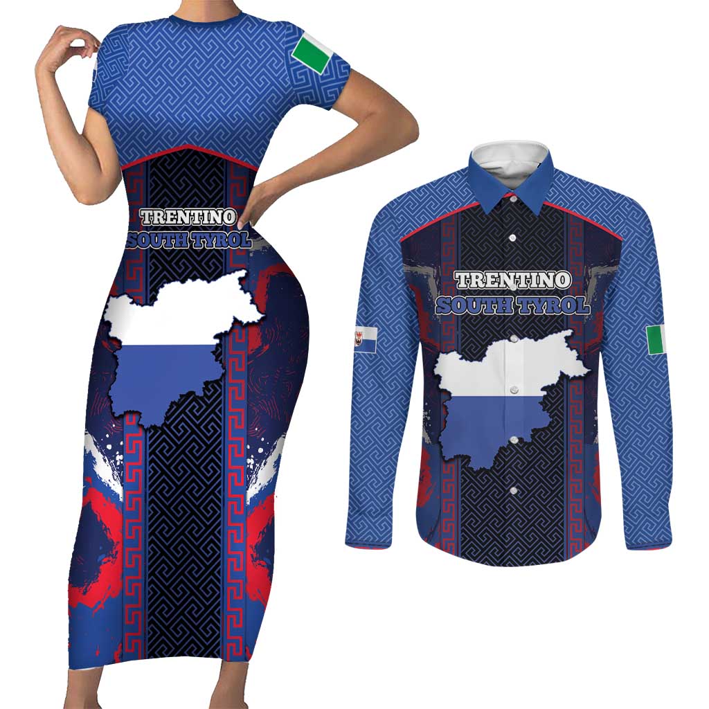 Personalized Italy Trentino-South Tyrol Couples Matching Short Sleeve Bodycon Dress and Long Sleeve Button Shirt Coat Of Arms Eagle And Roman Patterns