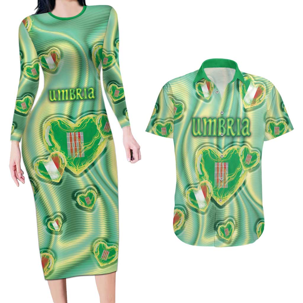 Personalized Italy Umbria Couples Matching Long Sleeve Bodycon Dress and Hawaiian Shirt Flag Emerald Heart Candy