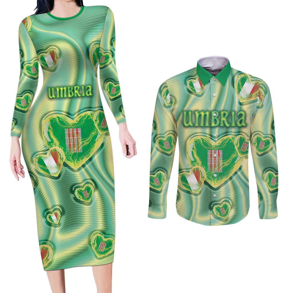 Personalized Italy Umbria Couples Matching Long Sleeve Bodycon Dress and Long Sleeve Button Shirt Flag Emerald Heart Candy