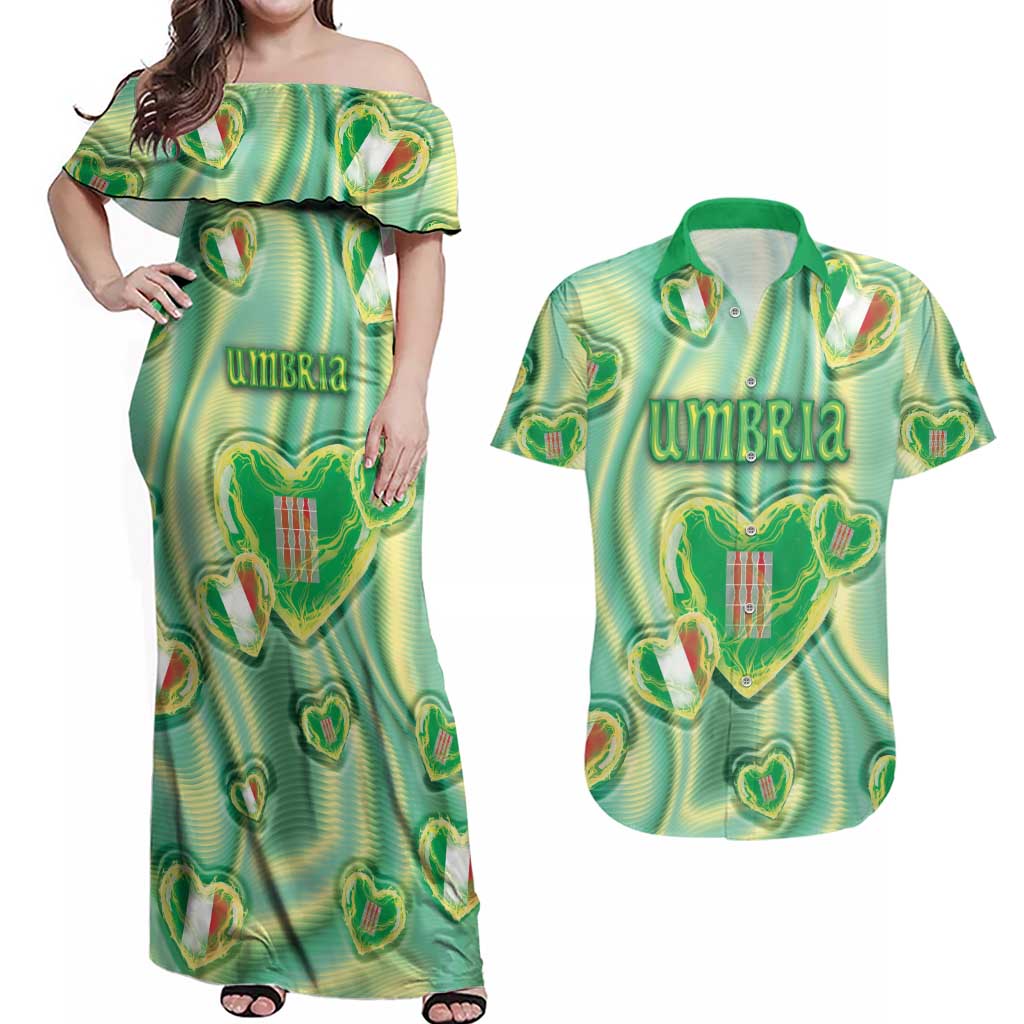 Personalized Italy Umbria Couples Matching Off Shoulder Maxi Dress and Hawaiian Shirt Flag Emerald Heart Candy