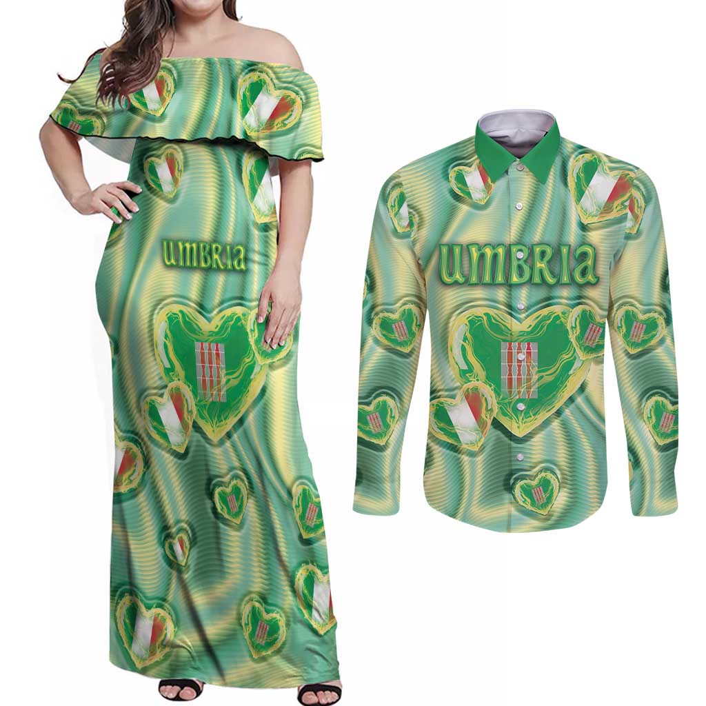 Personalized Italy Umbria Couples Matching Off Shoulder Maxi Dress and Long Sleeve Button Shirt Flag Emerald Heart Candy
