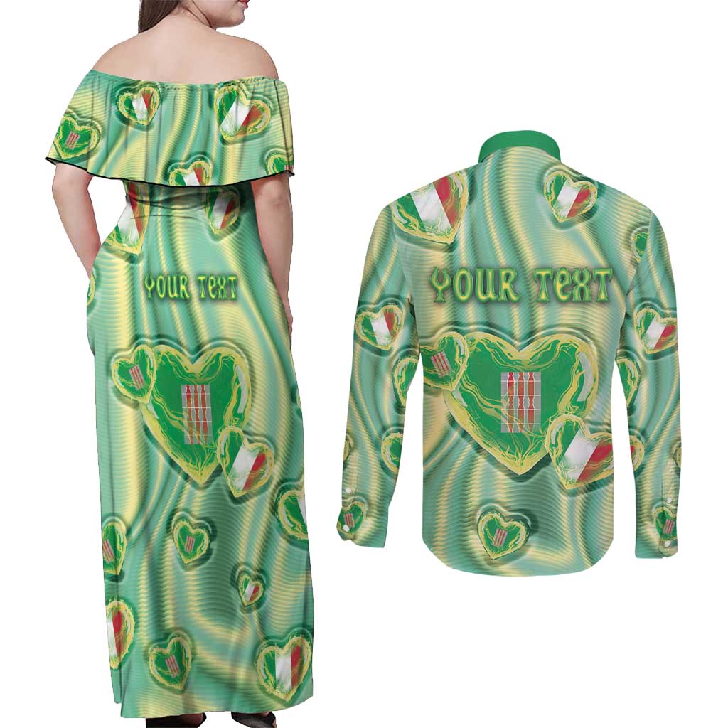 Personalized Italy Umbria Couples Matching Off Shoulder Maxi Dress and Long Sleeve Button Shirt Flag Emerald Heart Candy