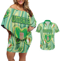 Personalized Italy Umbria Couples Matching Off Shoulder Short Dress and Hawaiian Shirt Flag Emerald Heart Candy