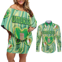 Personalized Italy Umbria Couples Matching Off Shoulder Short Dress and Long Sleeve Button Shirt Flag Emerald Heart Candy