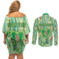 Personalized Italy Umbria Couples Matching Off Shoulder Short Dress and Long Sleeve Button Shirt Flag Emerald Heart Candy