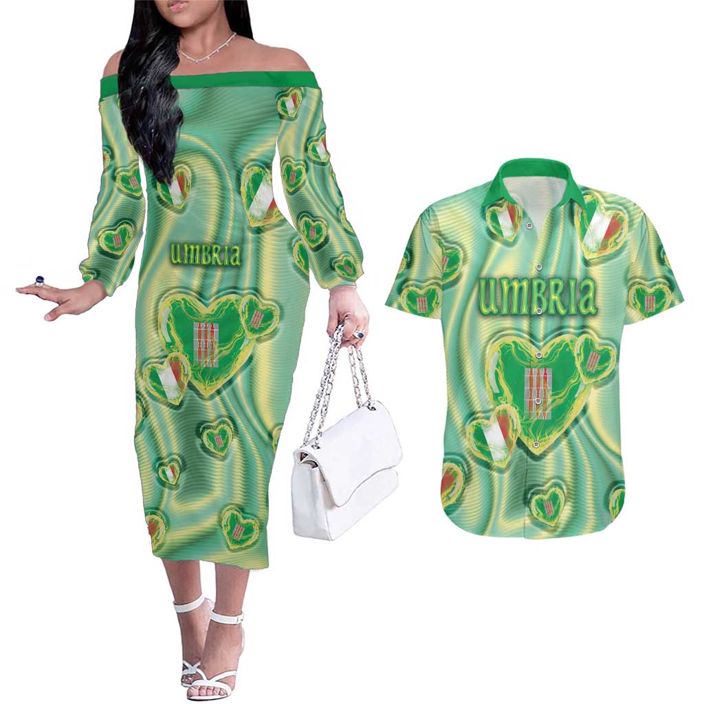 Personalized Italy Umbria Couples Matching Off The Shoulder Long Sleeve Dress and Hawaiian Shirt Flag Emerald Heart Candy