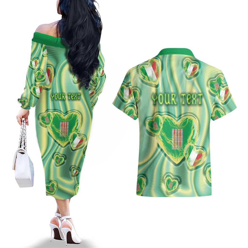 Personalized Italy Umbria Couples Matching Off The Shoulder Long Sleeve Dress and Hawaiian Shirt Flag Emerald Heart Candy
