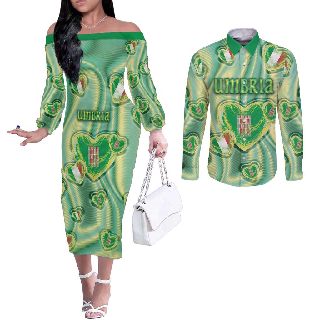 Personalized Italy Umbria Couples Matching Off The Shoulder Long Sleeve Dress and Long Sleeve Button Shirt Flag Emerald Heart Candy