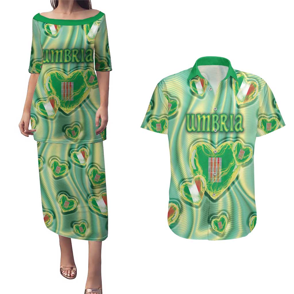 Personalized Italy Umbria Couples Matching Puletasi and Hawaiian Shirt Flag Emerald Heart Candy