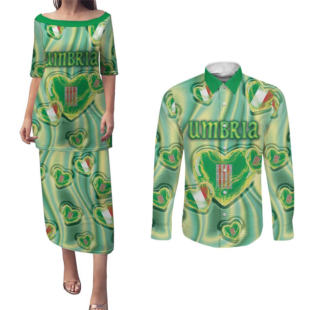 Personalized Italy Umbria Couples Matching Puletasi and Long Sleeve Button Shirt Flag Emerald Heart Candy