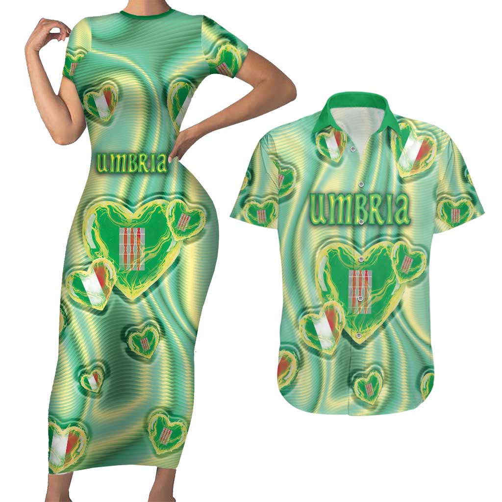 Personalized Italy Umbria Couples Matching Short Sleeve Bodycon Dress and Hawaiian Shirt Flag Emerald Heart Candy