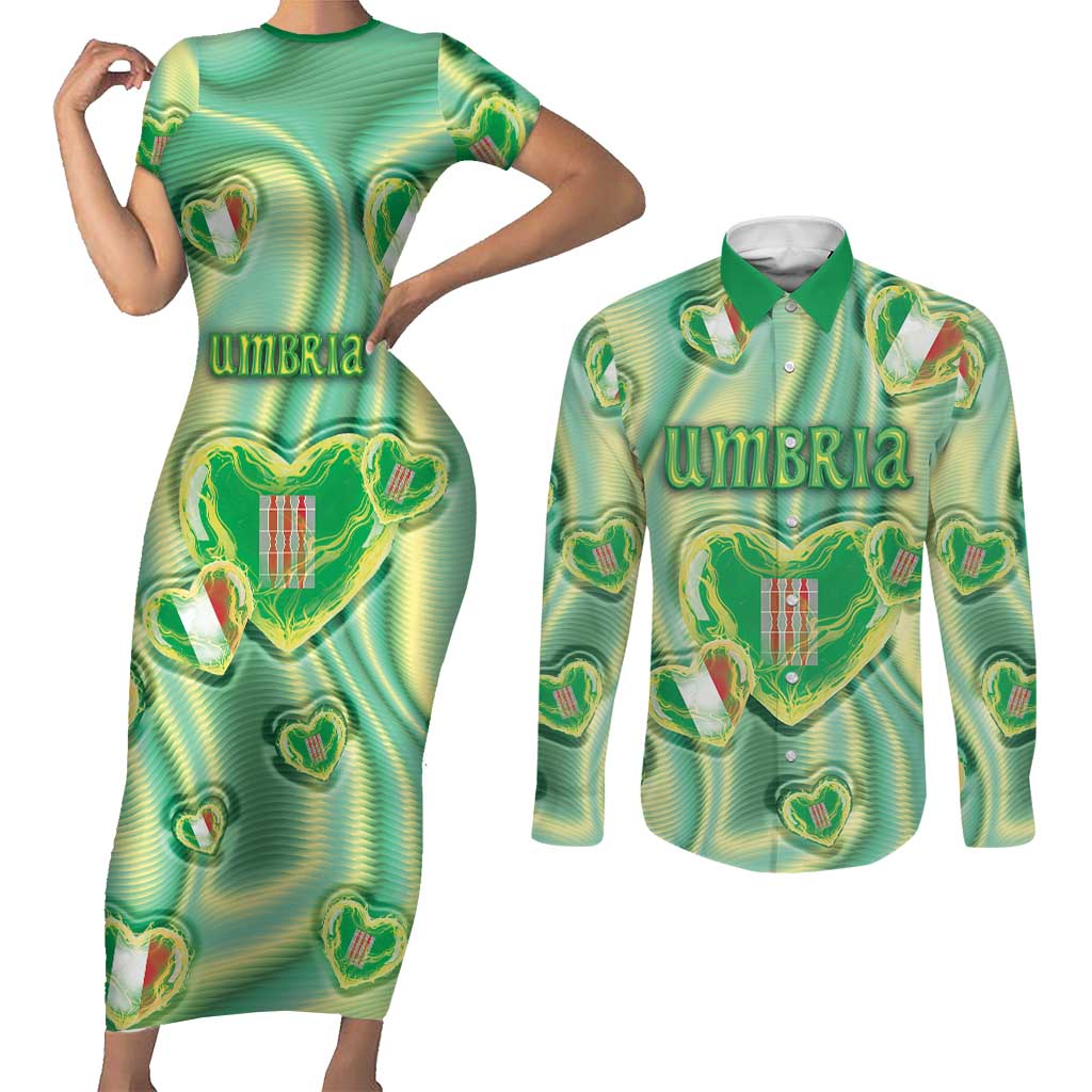 Personalized Italy Umbria Couples Matching Short Sleeve Bodycon Dress and Long Sleeve Button Shirt Flag Emerald Heart Candy
