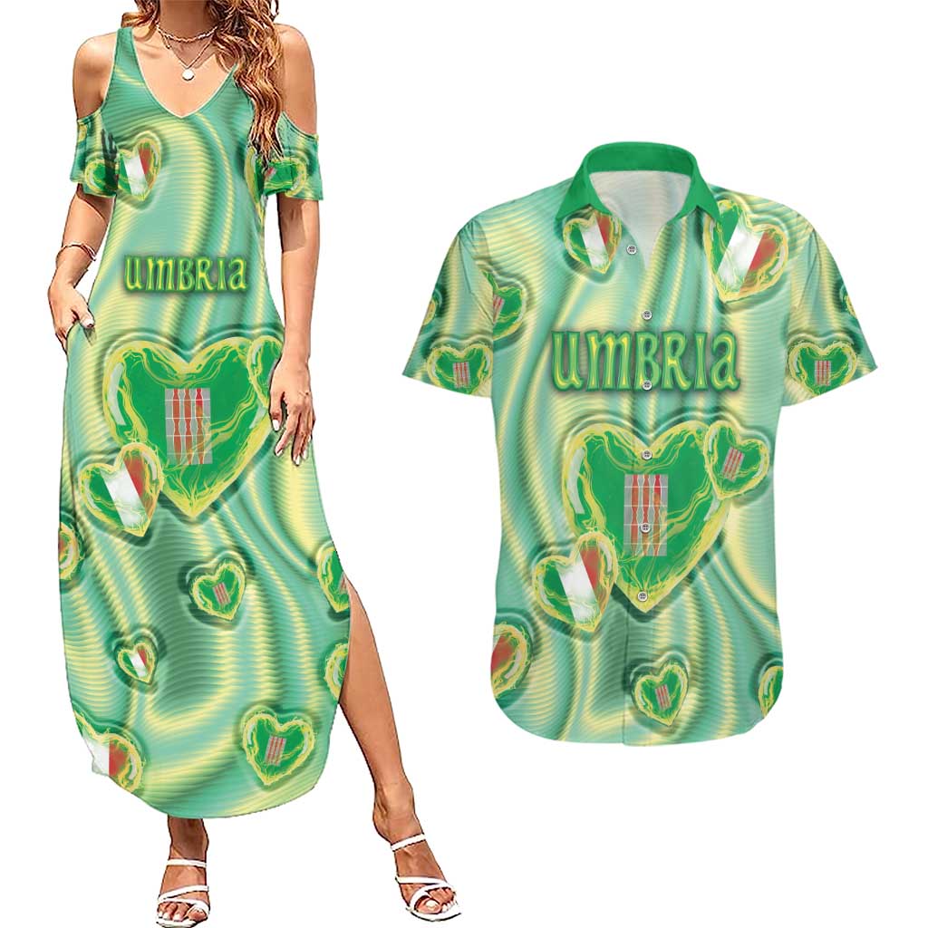 Personalized Italy Umbria Couples Matching Summer Maxi Dress and Hawaiian Shirt Flag Emerald Heart Candy