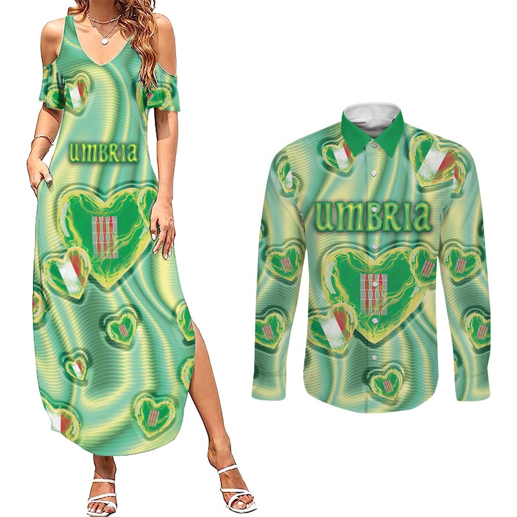 Personalized Italy Umbria Couples Matching Summer Maxi Dress and Long Sleeve Button Shirt Flag Emerald Heart Candy