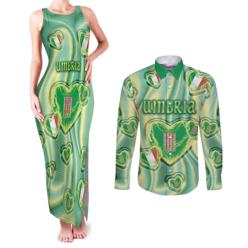Personalized Italy Umbria Couples Matching Tank Maxi Dress and Long Sleeve Button Shirt Flag Emerald Heart Candy