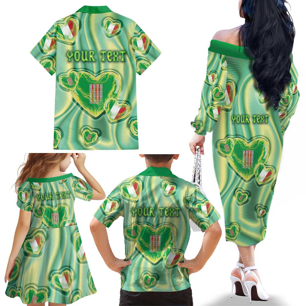 Personalized Italy Umbria Family Matching Off The Shoulder Long Sleeve Dress and Hawaiian Shirt Flag Emerald Heart Candy