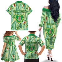 Personalized Italy Umbria Family Matching Off The Shoulder Long Sleeve Dress and Hawaiian Shirt Flag Emerald Heart Candy