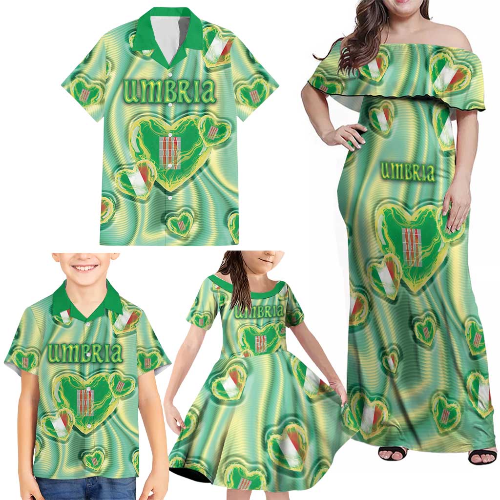 Personalized Italy Umbria Family Matching Off Shoulder Maxi Dress and Hawaiian Shirt Flag Emerald Heart Candy