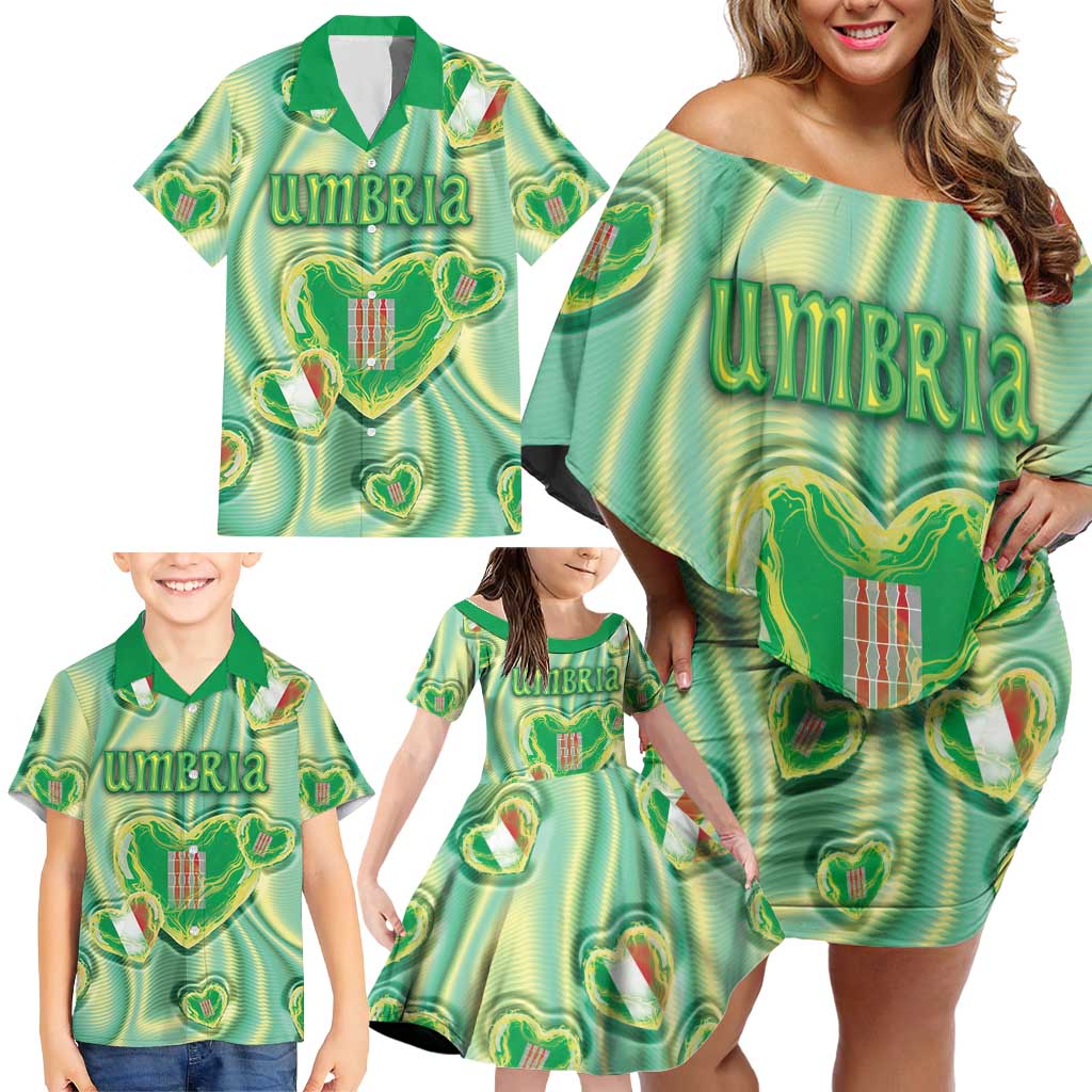 Personalized Italy Umbria Family Matching Off Shoulder Short Dress and Hawaiian Shirt Flag Emerald Heart Candy