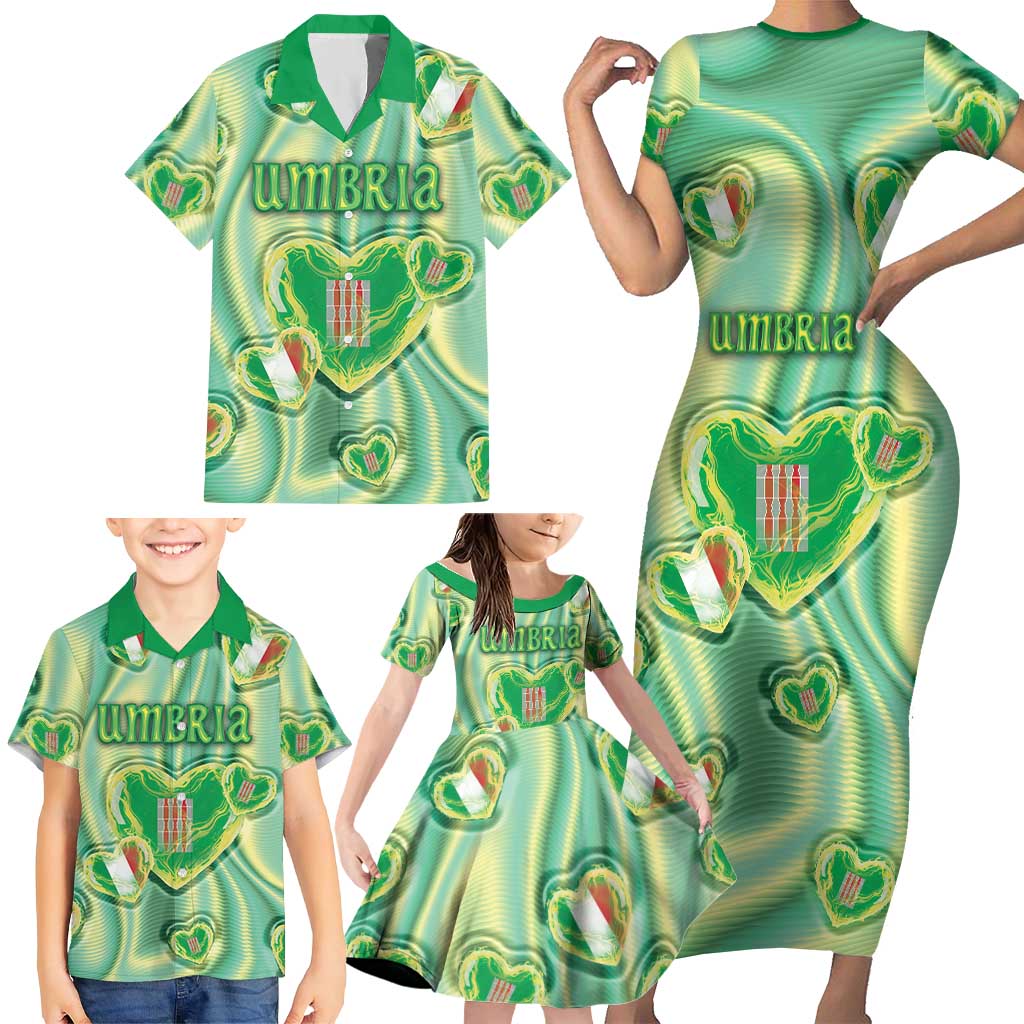 Personalized Italy Umbria Family Matching Short Sleeve Bodycon Dress and Hawaiian Shirt Flag Emerald Heart Candy