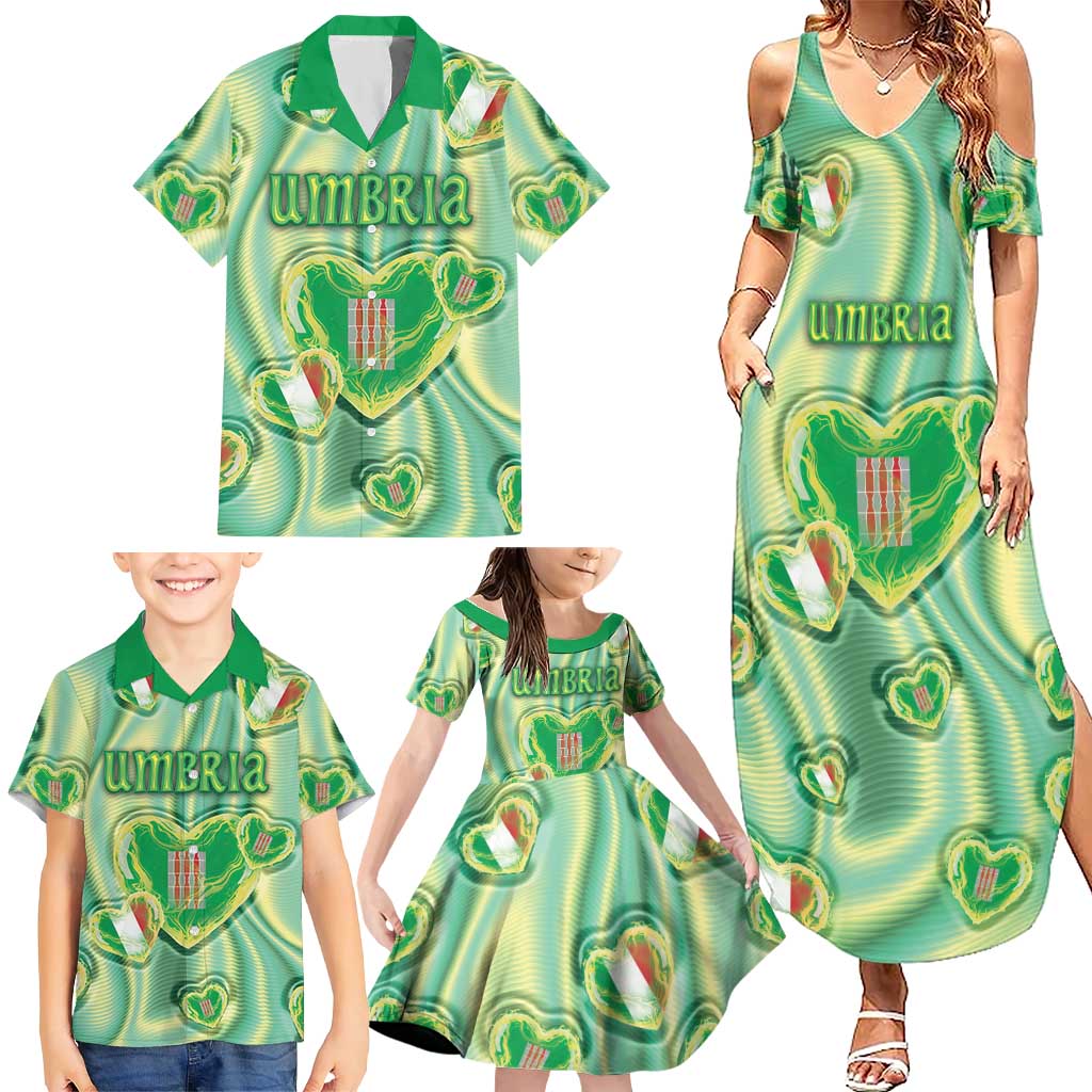 Personalized Italy Umbria Family Matching Summer Maxi Dress and Hawaiian Shirt Flag Emerald Heart Candy