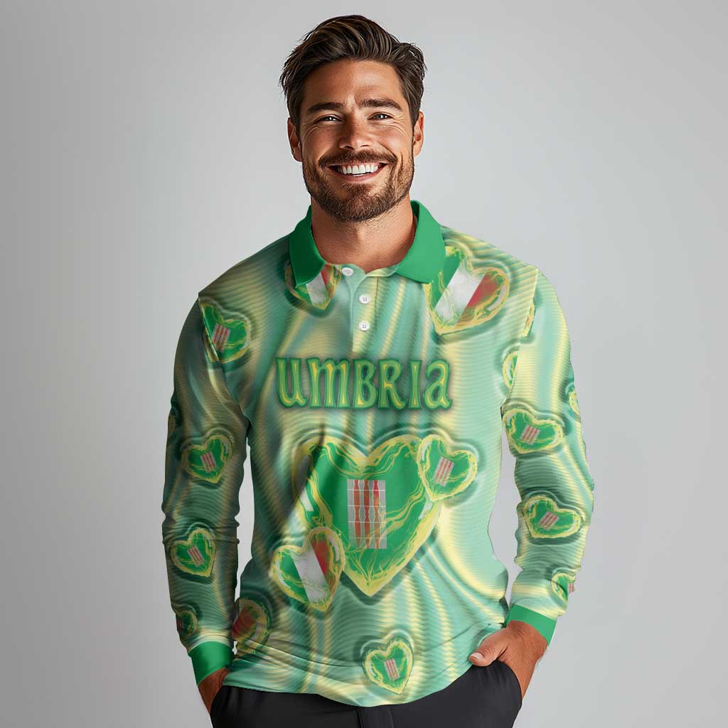 Personalized Italy Umbria Long Sleeve Polo Shirt Flag Emerald Heart Candy