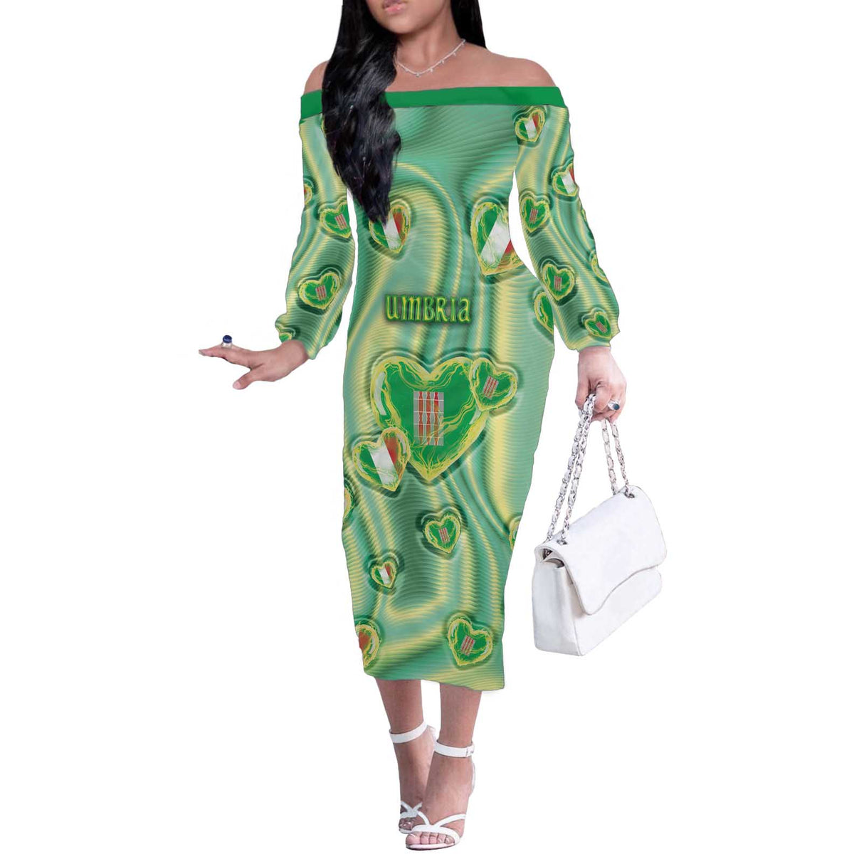 Personalized Italy Umbria Off The Shoulder Long Sleeve Dress Flag Emerald Heart Candy