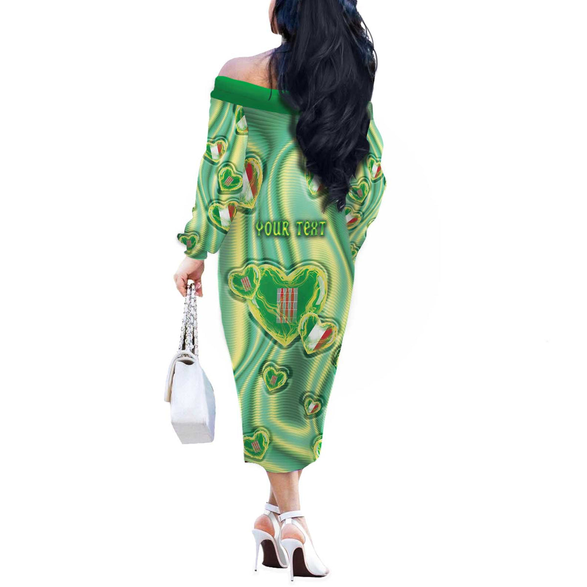 Personalized Italy Umbria Off The Shoulder Long Sleeve Dress Flag Emerald Heart Candy