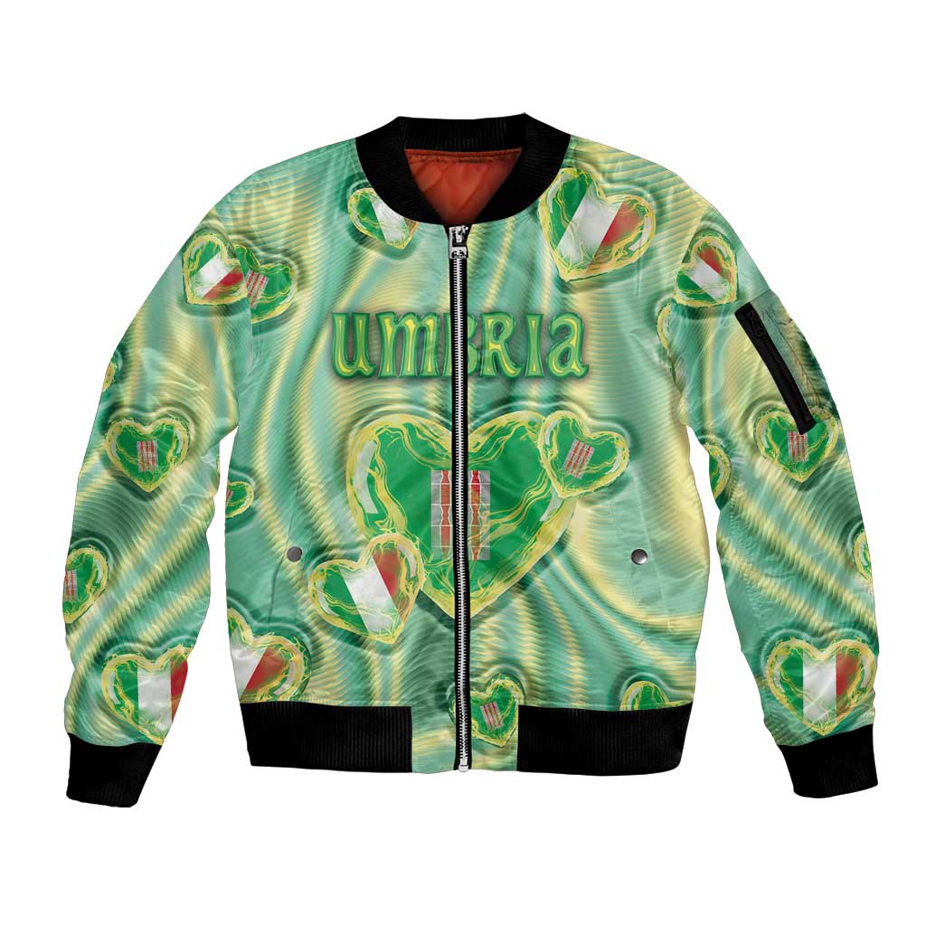 Personalized Italy Umbria Sleeve Zip Bomber Jacket Flag Emerald Heart Candy