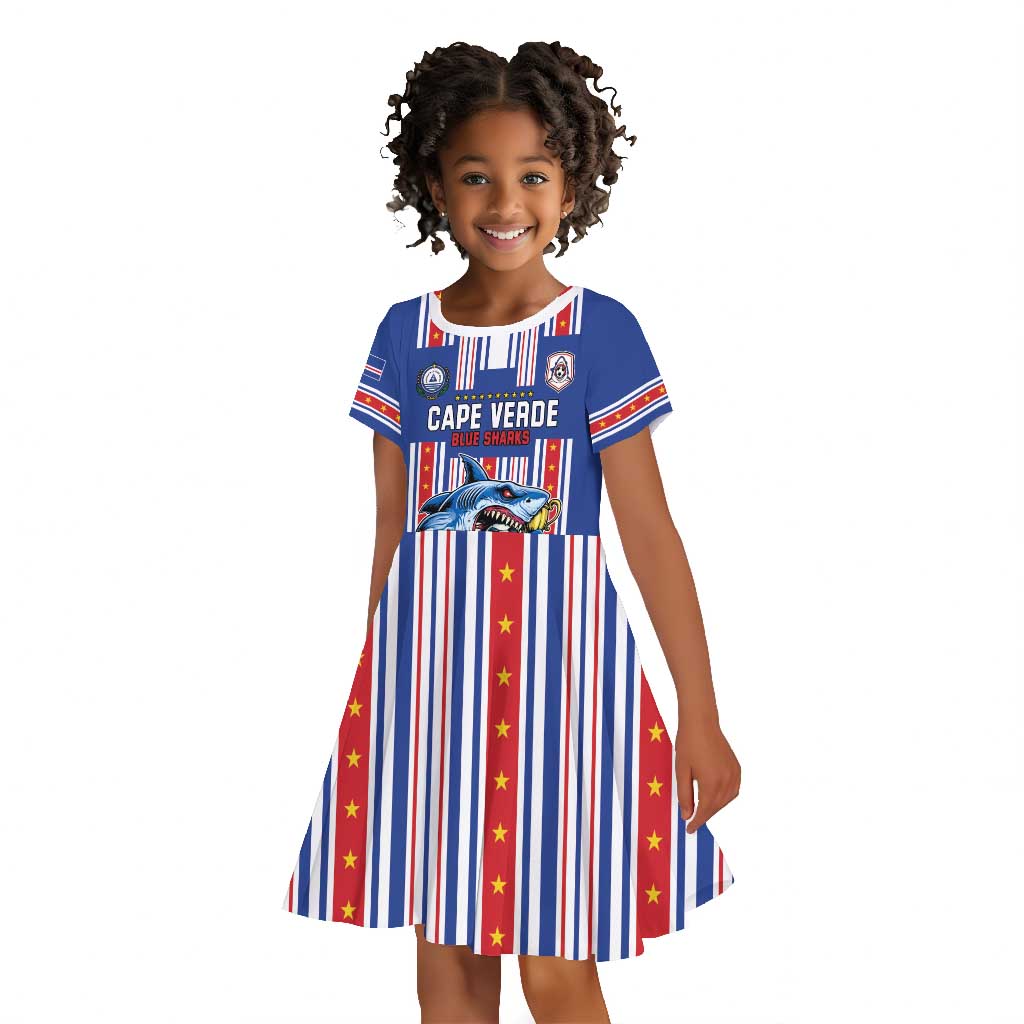 Custom Cape Verde Football Kid Short Sleeve Dress Monster Blue Shark Striped Style