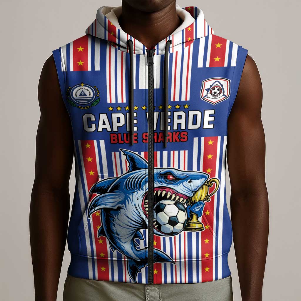 Custom Cape Verde Football Sleeveless Zip Hoodie Monster Blue Shark Striped Style