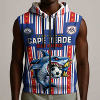 Custom Cape Verde Football Sleeveless Zip Hoodie Monster Blue Shark Striped Style