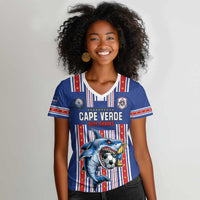 Custom Cape Verde Football Women V-Neck T-Shirt Monster Blue Shark Striped Style