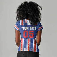 Custom Cape Verde Football Women V-Neck T-Shirt Monster Blue Shark Striped Style