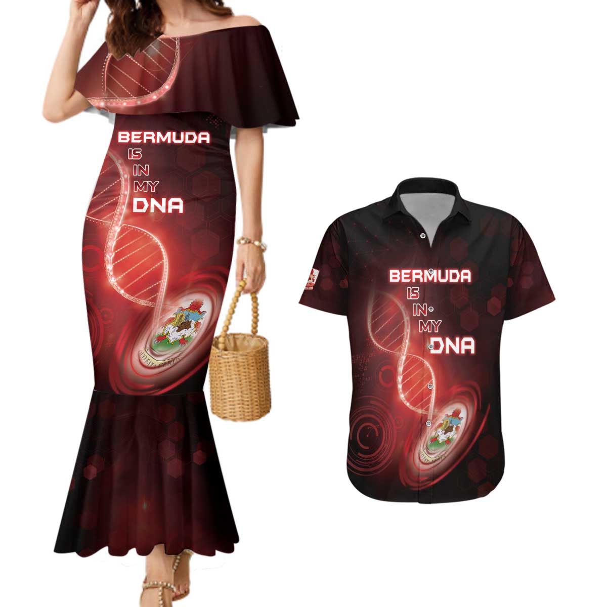 Personalized Bermuda Is In My DNA Couples Matching Mermaid Dress and Hawaiian Shirt - Wonder Print Shop