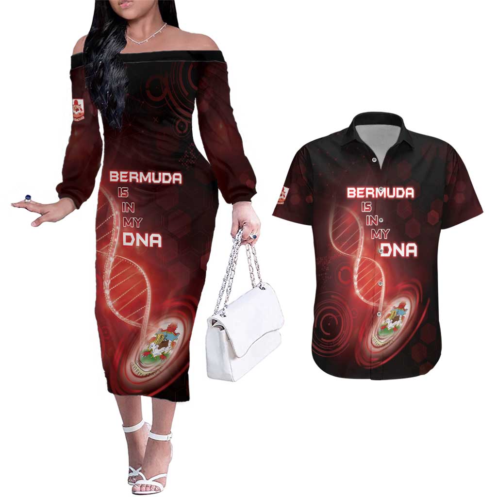 Personalized Bermuda Is In My DNA Couples Matching Off The Shoulder Long Sleeve Dress and Hawaiian Shirt - Wonder Print Shop