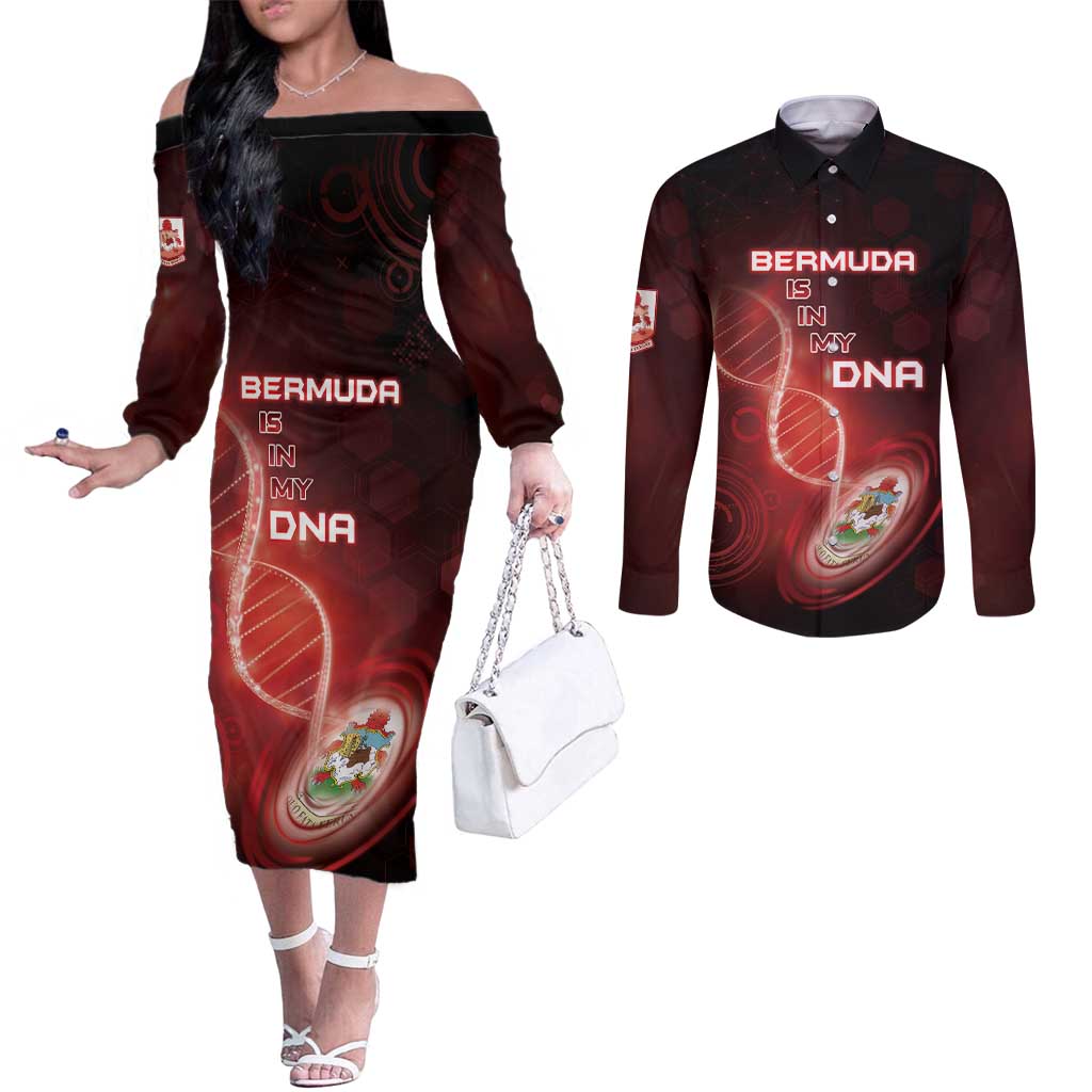 Personalized Bermuda Is In My DNA Couples Matching Off The Shoulder Long Sleeve Dress and Long Sleeve Button Shirt - Wonder Print Shop