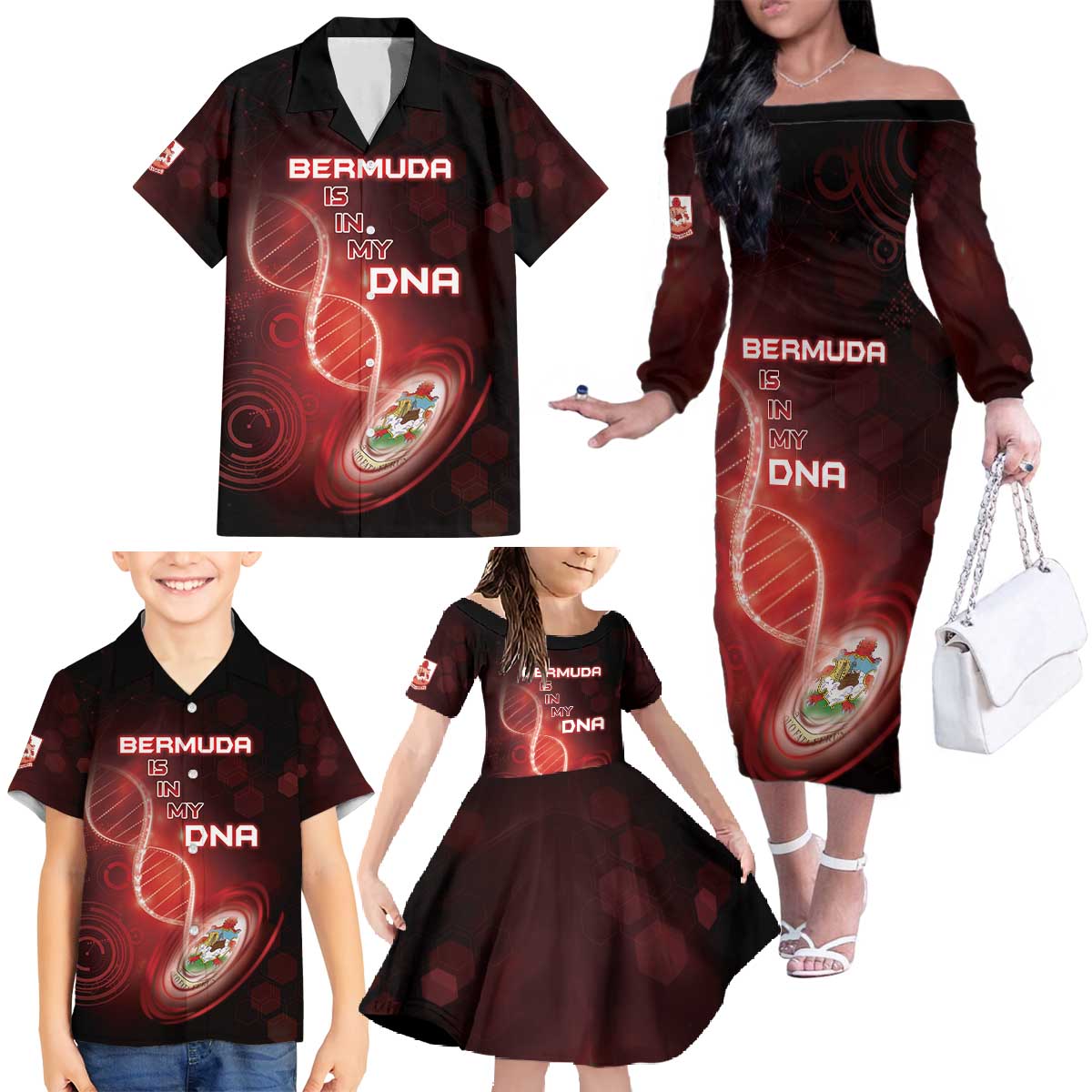 Personalized Bermuda Is In My DNA Family Matching Off The Shoulder Long Sleeve Dress and Hawaiian Shirt - Wonder Print Shop