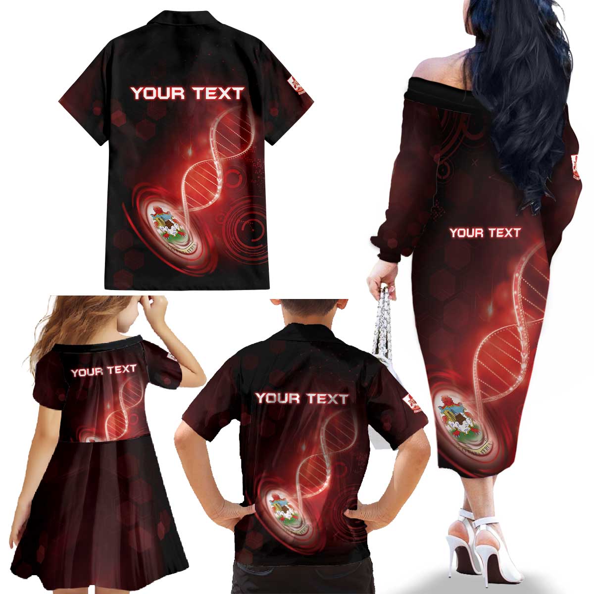 Personalized Bermuda Is In My DNA Family Matching Off The Shoulder Long Sleeve Dress and Hawaiian Shirt - Wonder Print Shop