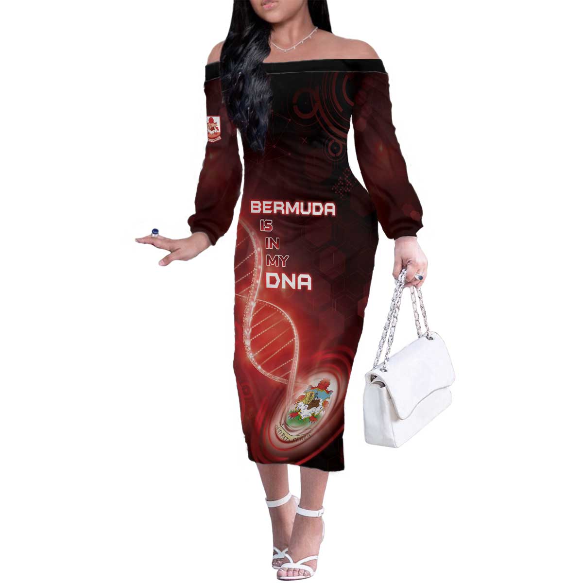Personalized Bermuda Is In My DNA Family Matching Off The Shoulder Long Sleeve Dress and Hawaiian Shirt - Wonder Print Shop
