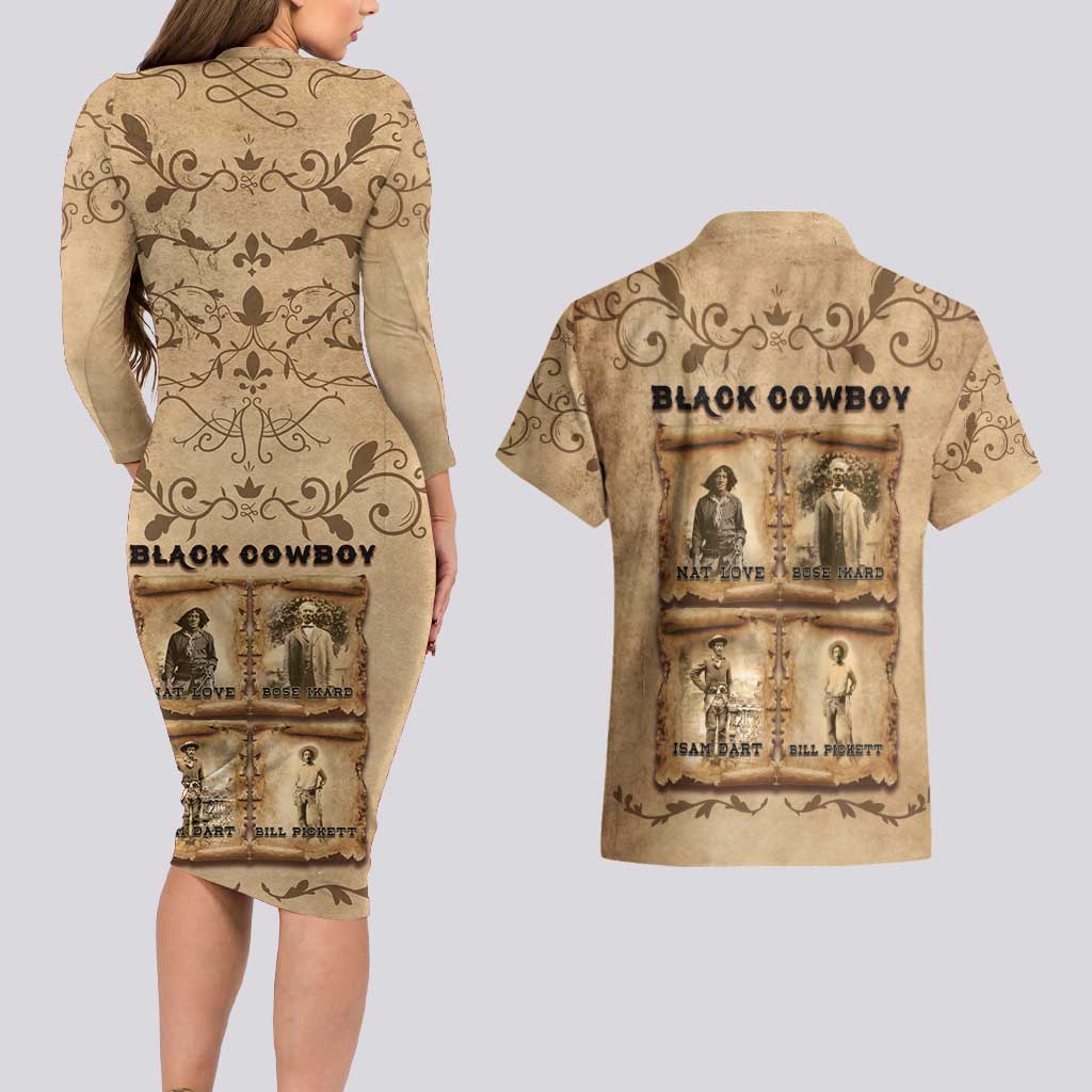 Black Cowboy Couples Matching Long Sleeve Bodycon Dress and Hawaiian Shirt Melanin Black History Western Grunge - Wonder Print Shop