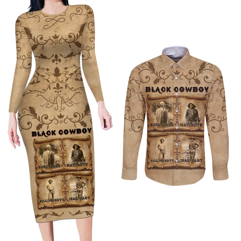 Black Cowboy Couples Matching Long Sleeve Bodycon Dress and Long Sleeve Button Shirt Melanin Black History Western Grunge - Wonder Print Shop