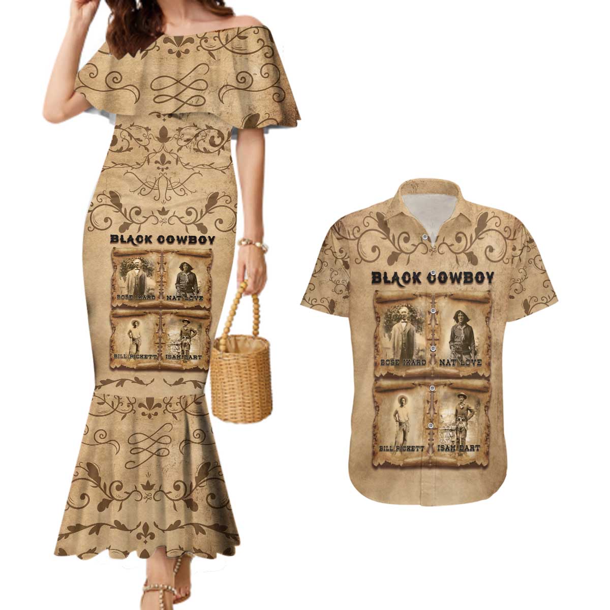Black Cowboy Couples Matching Mermaid Dress and Hawaiian Shirt Melanin Black History Western Grunge - Wonder Print Shop