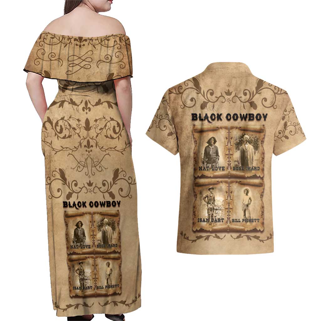 Black Cowboy Couples Matching Off Shoulder Maxi Dress and Hawaiian Shirt Melanin Black History Western Grunge - Wonder Print Shop
