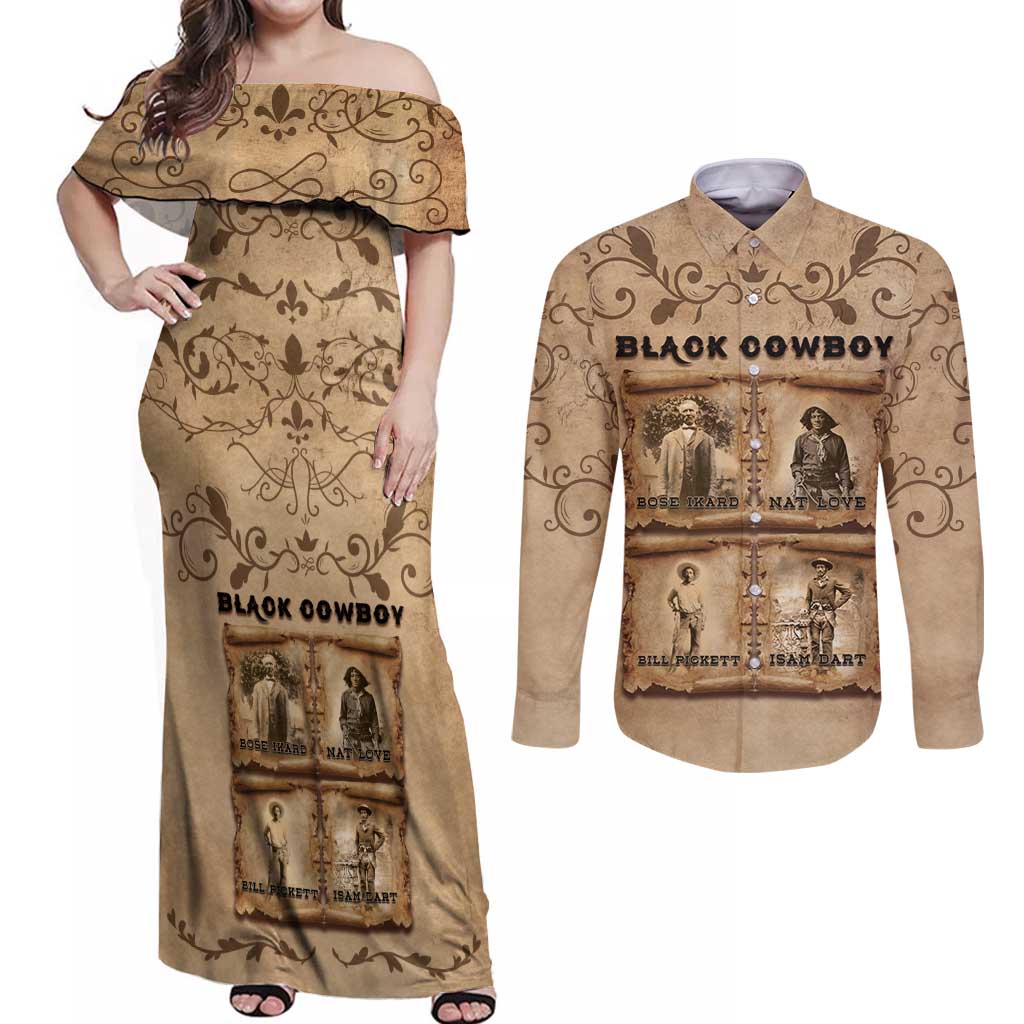 Black Cowboy Couples Matching Off Shoulder Maxi Dress and Long Sleeve Button Shirt Melanin Black History Western Grunge - Wonder Print Shop