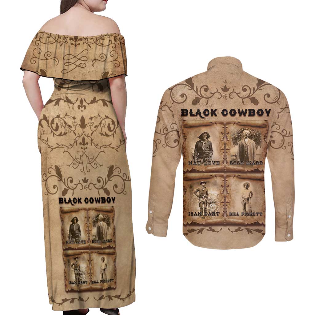 Black Cowboy Couples Matching Off Shoulder Maxi Dress and Long Sleeve Button Shirt Melanin Black History Western Grunge - Wonder Print Shop