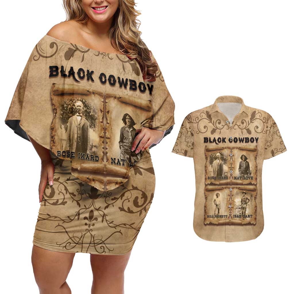 Black Cowboy Couples Matching Off Shoulder Short Dress and Hawaiian Shirt Melanin Black History Western Grunge - Wonder Print Shop