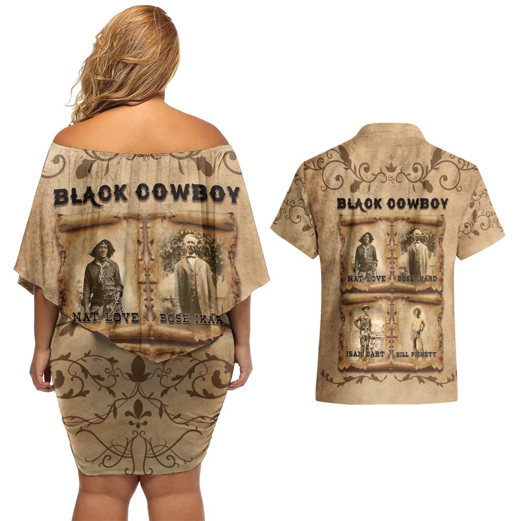 Black Cowboy Couples Matching Off Shoulder Short Dress and Hawaiian Shirt Melanin Black History Western Grunge - Wonder Print Shop