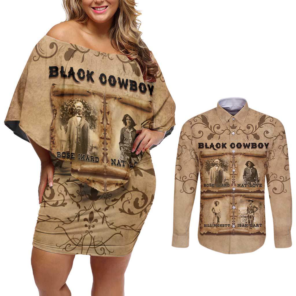 Black Cowboy Couples Matching Off Shoulder Short Dress and Long Sleeve Button Shirt Melanin Black History Western Grunge - Wonder Print Shop