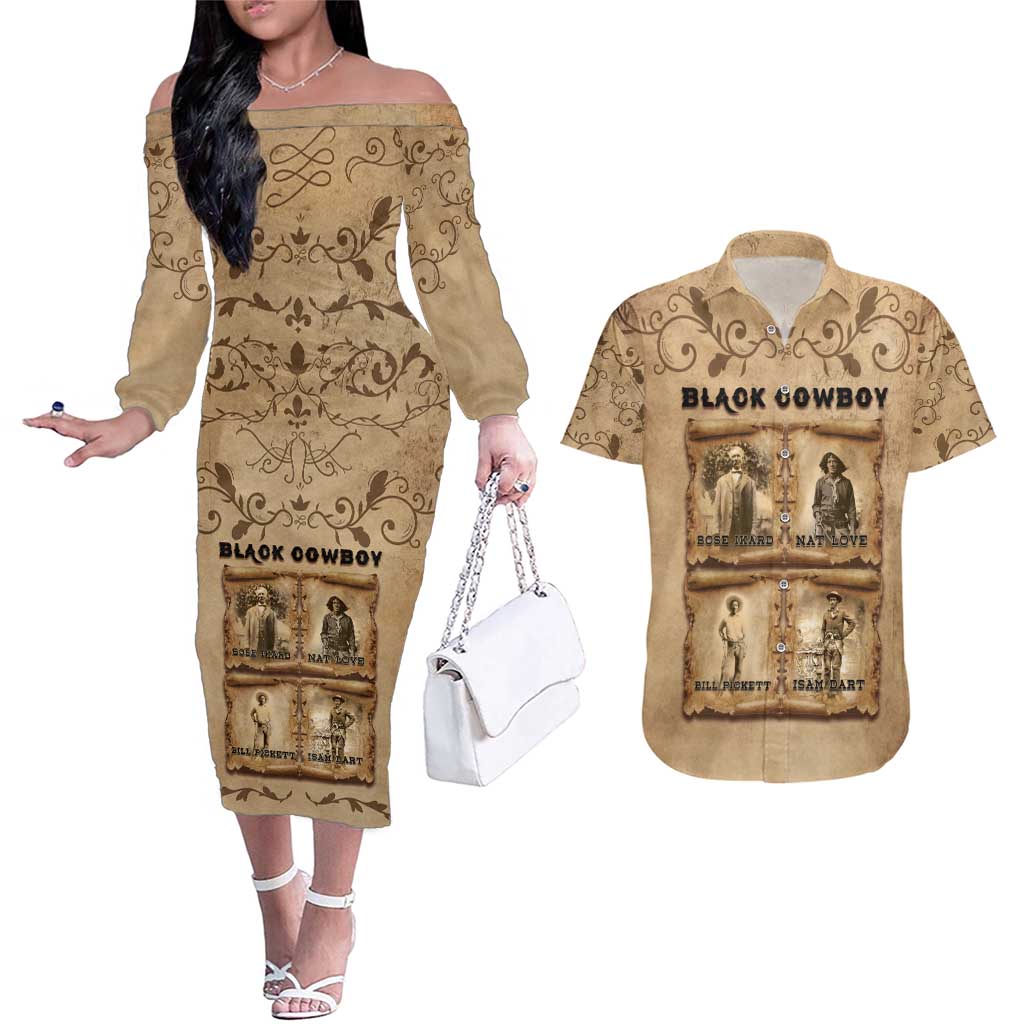 Black Cowboy Couples Matching Off The Shoulder Long Sleeve Dress and Hawaiian Shirt Melanin Black History Western Grunge - Wonder Print Shop